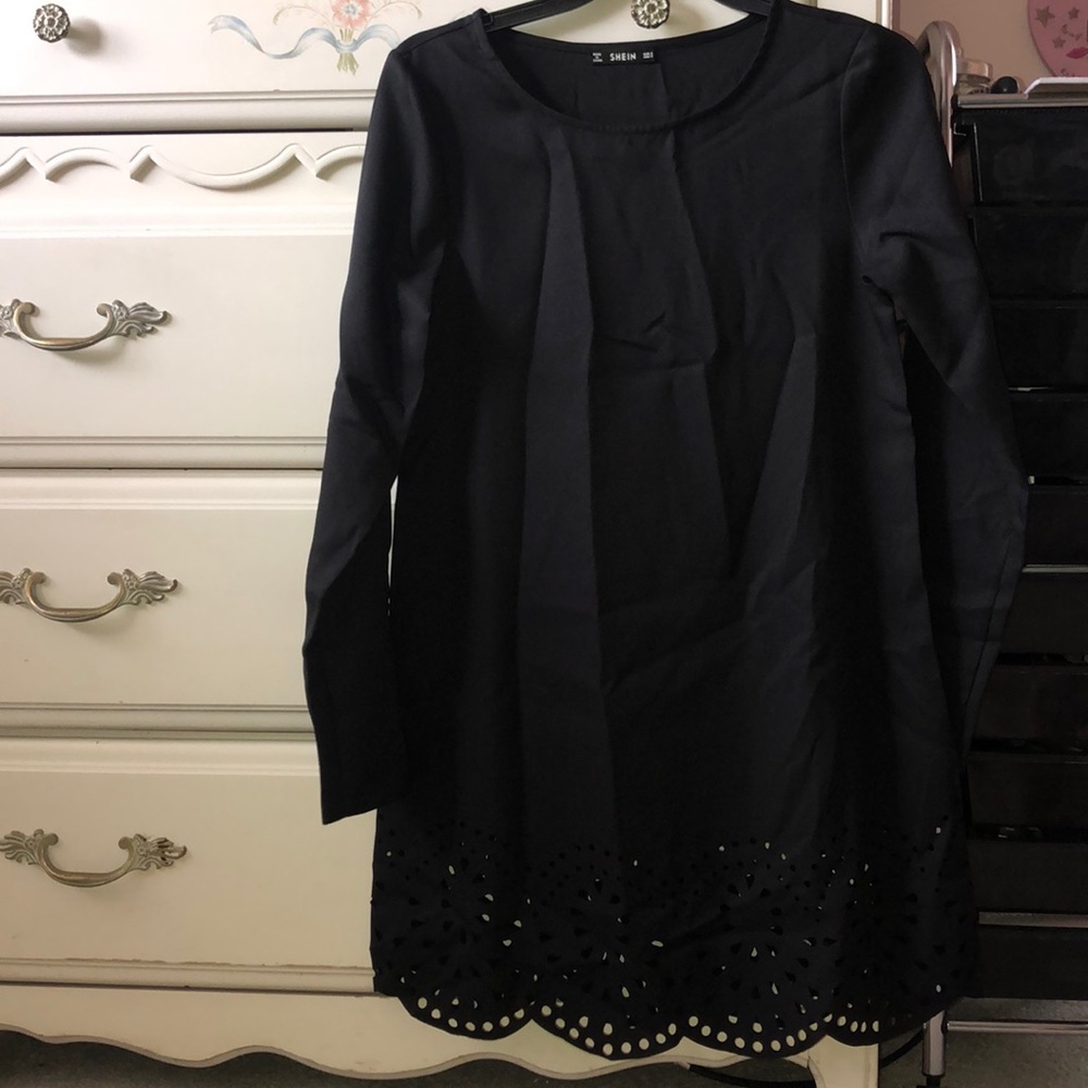 Scalloped cut out detail black dress